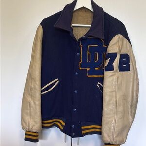 1972 Vintage varsity letter Jacket. Varsi –jac. Leather. Halloween, display.